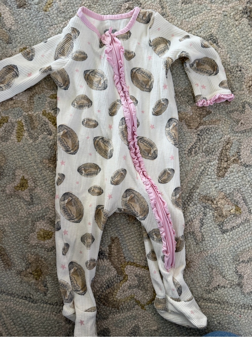 Mud Pie White Footed One-Piece with Pink Ruffle and Shell Print